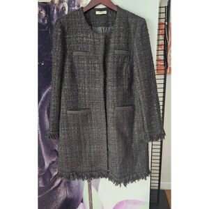 Vertigo Paris Tweed Boucle Coat Fringe Brown Silver Thread Quiet Luxury XL